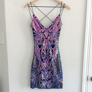 Windsor Iridescent Purple Sequin Party Bodycon Mini Dress Crisscross Straps XS